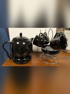 Vintage Mid Century Modern Style Teapot w/ Warmer, Chrome Stand  4 Cups & Plates